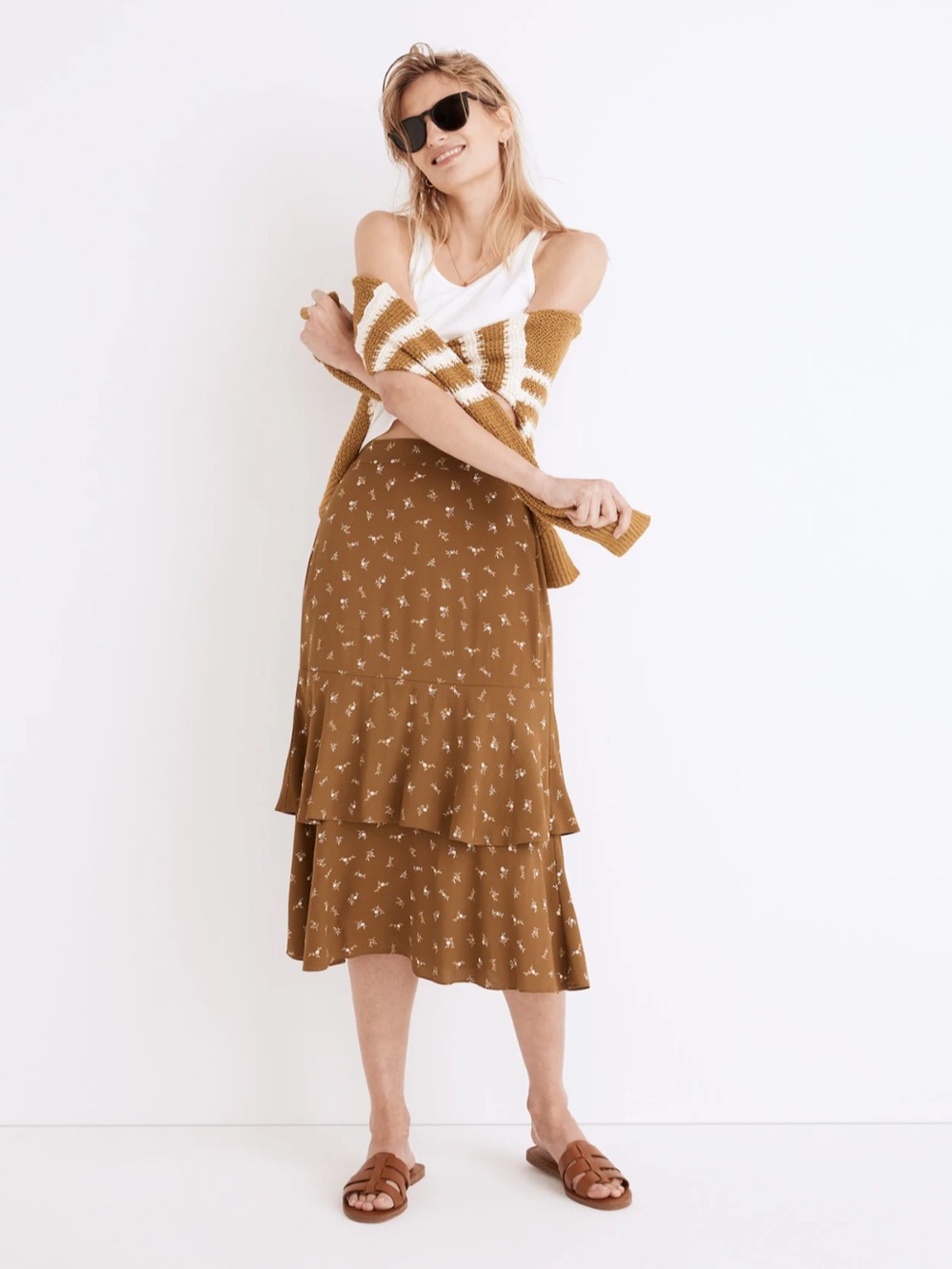 Madewell Weathered Olive Green Ruffle Tiered Midi Skirt in Daisy Stitch